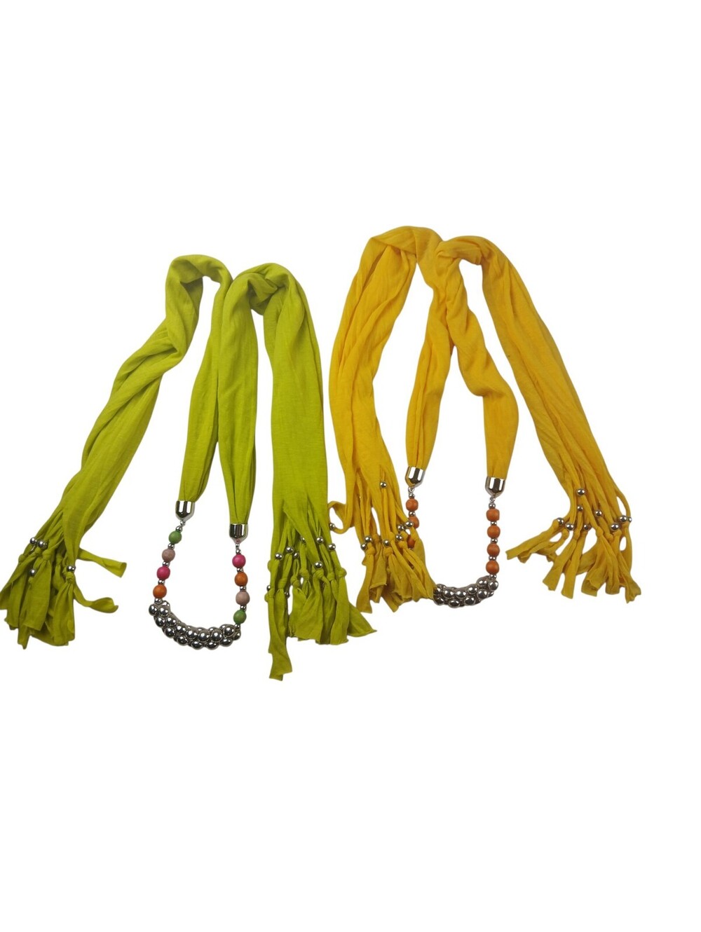 Lot of 2 Necklace Scarves Yellow & Green Beaded Summer Beach Colorful Accent